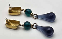 Vintage Signed MO Blue Glass Teardrop Dangle Earrings Gold Tone 2.5in