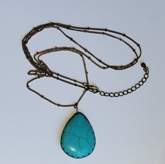 Western Teardrop Shaped Turquoise Blue Howlite Pendant With 36in Brass Necklace