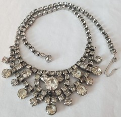 Vintage Rhinestone Statement Necklace Silver Tone Bib Bridal 15.5in