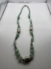Vintage Chinese Hand-Painted Porcelain and Green Jade Beaded 34”Necklace