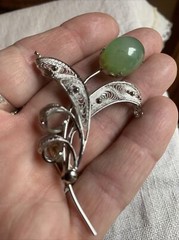 Vintage JJJ Signed Green Agate Sterling Silver Flower Brooch Pin