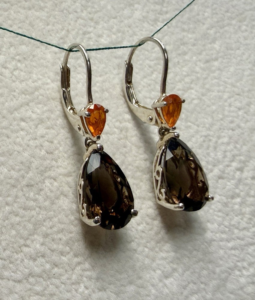 Sterling Silver 925 Fire Opal & Smoky Quartz Pear Cut Dangle Leverback Earrings