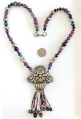 Bold 80s Eclectic Boho Roxsann Purple Floral Pewter Repousse Statement Necklace