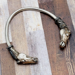 Double Horse Head Pewter Plated Copper w Patina Vintage 70s Torque Cuff Bracelet