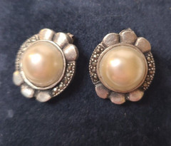 Sterling Silver Pearl Marcasite Post Pierced Earrings Vintage Estate .75in