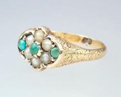 Pretty Antique Victorian 15K Gold Turquoise Pearl Floral Engraved Ring 1869 5.75