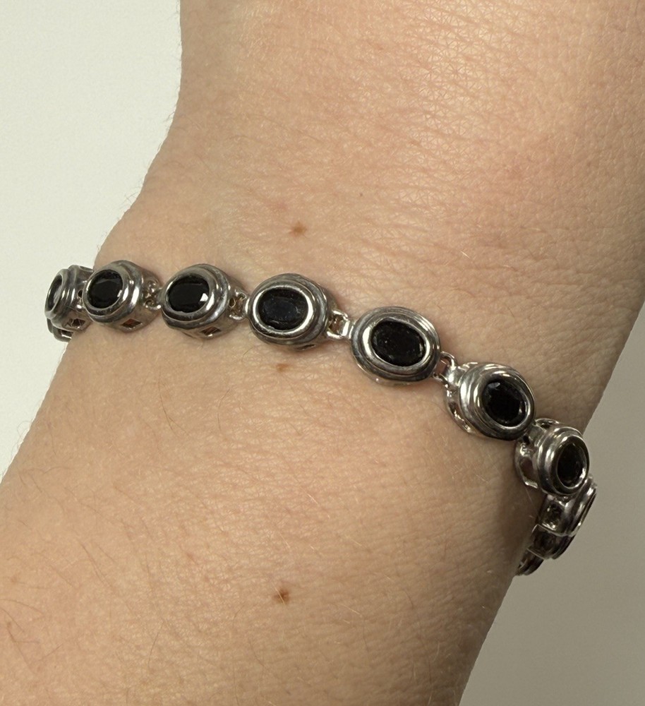 FAS Sterling Silver Oval Black Obsidian 7.5” Tennis Bracelet 925 Modernist