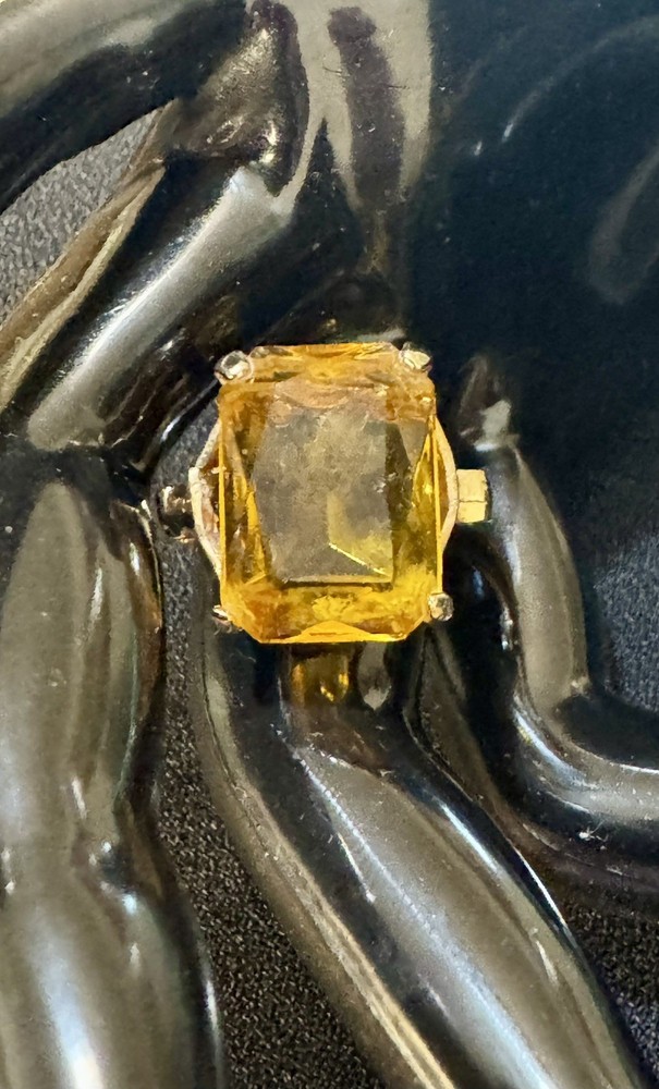 Vintage 18K Yellow Gold HGE & Giant Emerald Cut Faux Citrine Ring-Adjustable