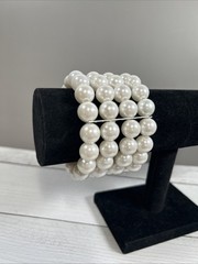 Vintage Multi Strand Faux Pearl Stretch Bracelet White Beaded Cuff Statement