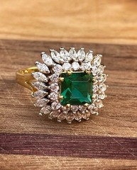 Vintage JBK Simulated Emerald Statement Ring Gold Plated Sterling Silver Size 9