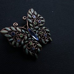Butterfly Brooch Rhinestone Enamel Copper Open Work Metal Vintage