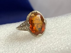 Vtg 14K White Gold Ring 3.51g Fine Jewelry Sz 7.5 Amber Color Oval Stone Prong