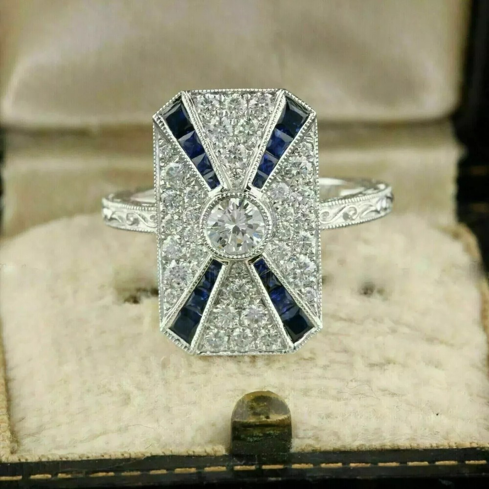 Art Deco Vintage Lab Created Diamond & Sapphire 14K White Gold FN Wedding Ring