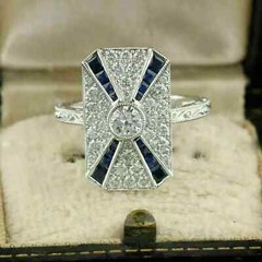 Art Deco Vintage Lab Created Diamond & Sapphire 14K White Gold FN Wedding Ring