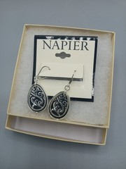 Napier Silver Tone Teardrop Filigree Drop Dangle Earrings Black Enamel Pierced N