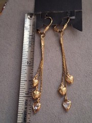 Puffy hearts & crystal bezel-set heart tassel earrings, multi chain, cascading