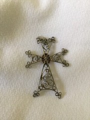Vintage Armenian Silver Filigree Khachkar Cross Pendant With Red Cabochon Stone