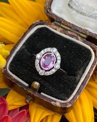 Vintage Art Deco Pink Sapphire Ring Diamond Halo Engagement Ring 925