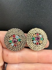Vintage Judy Lee Clip On Earrings Fruit Salad Rhinestone Gold Tone
