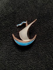 Enameled Sailing Ship Brooch, Pin. Blue and White
