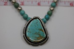 Heavy Turquoise and Silver Beaded Pendant Necklace Sterling Silver