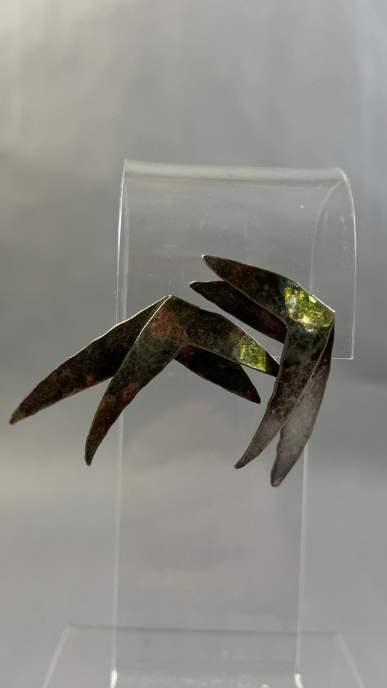 Vtg 1970s Brutalist Copper Brass Layered Wing Stud Earrings Modernist Studio Art