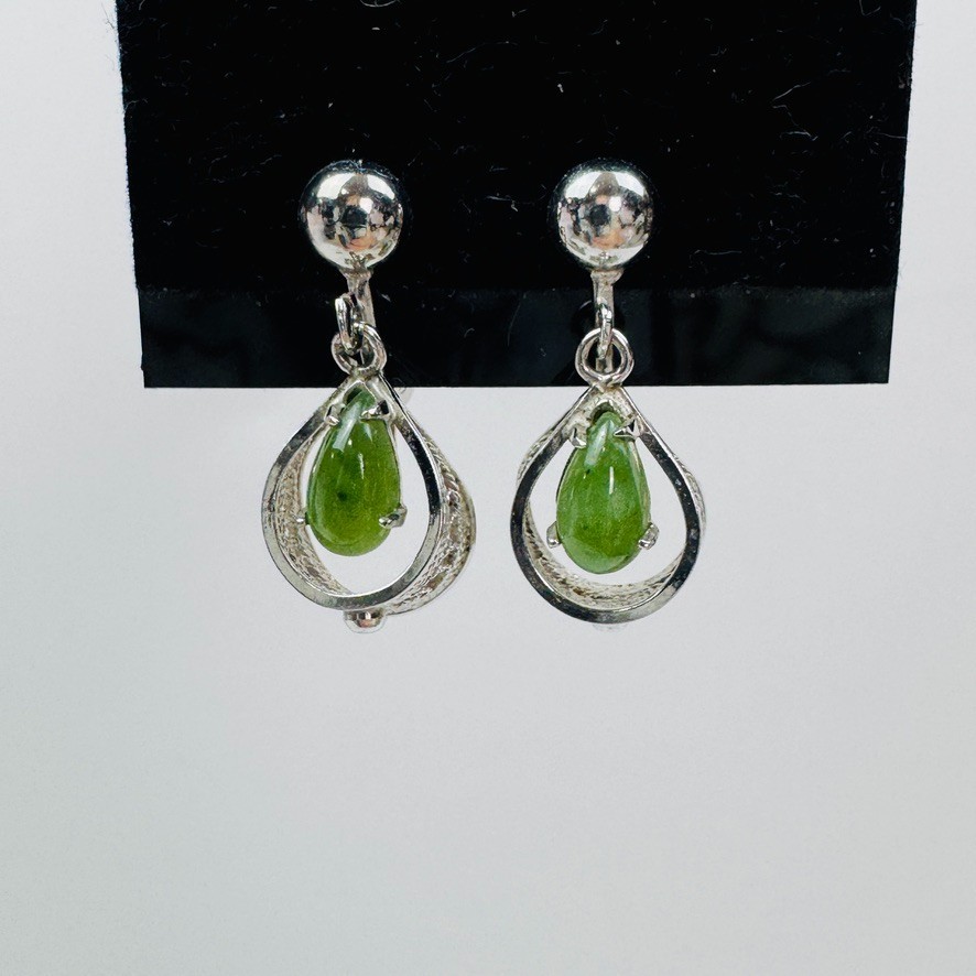 Vintage Sorrento Sterling Silver Filigree Green Oval Jade Screw Back Earrings