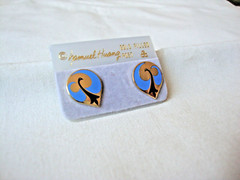 VINTAGE SAMUEL HUANG DESIGNER CLOISONNE PHOENIX COBALT & BLUE ENAMEL EARRINGS