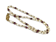 Vintage Genuine Rice Pearls & Almandine Garnet Beaded Necklace & Bracelet Set