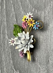 Vintage Enamel Flower Bouquet Brooch Pin White Green Pink Yellow Blue