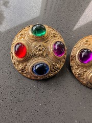 Vintage Multicolor Cabochon Costume Clip On Earrings Gold Tone Chunky Heavy R48