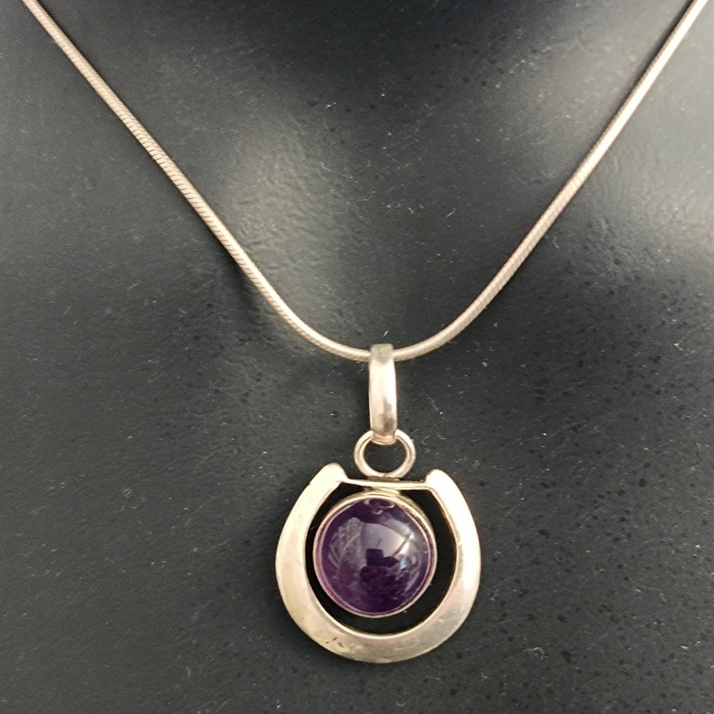 Sterling Silver Minimalist Necklace Modernist Solid Purple Stone Men Women VTG