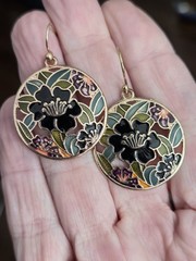 Vintage Cloisonne Earrings Black Floral Circles Wired Pierced Dangles Gold Tone