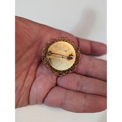 VTG Italian Micro mosiac brooch pin ornate filagree round yellow & floral marked