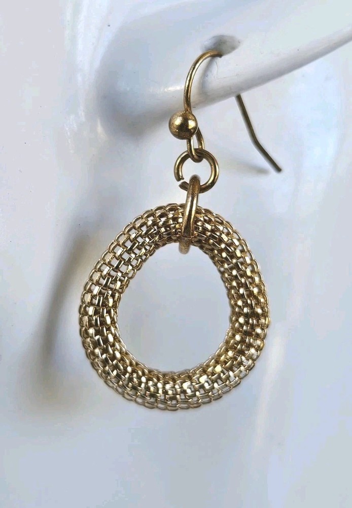 Vintage Gold Tone Mesh Earrings Hoop Hook Pierced Round Rope Shape Dangle MCM