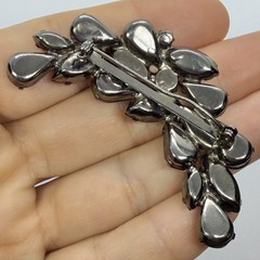 Vtg Jet Black Rhinestone Crescent Statement Gunmetal Brooch Marquise Teardrop