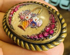 Antique Goofus Glass Reverse Painted Flower Basket Pin Brooch Vintage