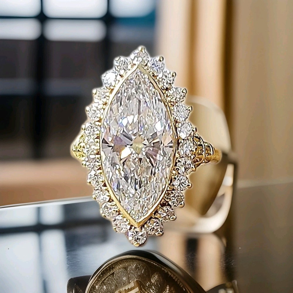 Vintage 18k Yellow Gold Engagement Ring 5.06ct.Lab-Grown Marquise Euro Diamond