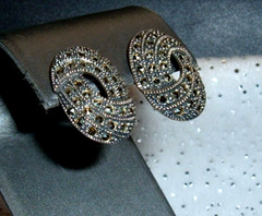 Vintage Sterling Silver Oval Maracite Post Earrings 7/8 inch