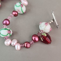 Glass Beaded Bracelet Lampwork Pink Freshwater Pearl Handmade 6.75″