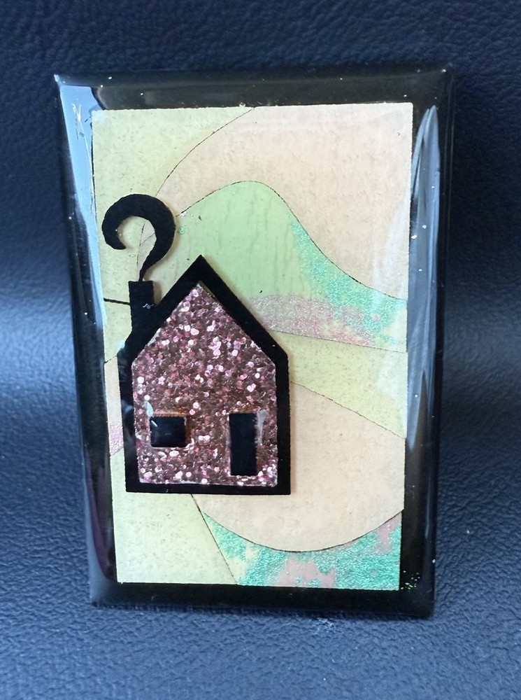 Vintage House Pins By Lucinda Pink Home Rainbow Pink Sparkle Brooch Made In USA