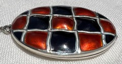 1930s Art Deco ORANGE/BLACK Enamel Checkerboard Sterling Locket Necklace~GERMANY