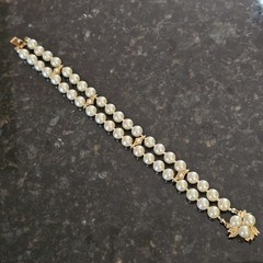 Ciner Faux Pearl Double Strand Beaded Bracelet Vintage Fancy Box Clasp 8.5 In