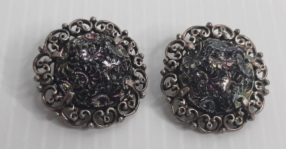 Vintage Judy Lee Peacock Glass Clip-On Earrings Iridescent Blue Purple Green