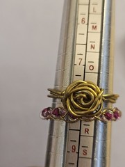 Handmade Gold Tone Wire Wrap Ring Set Of 2 w Rose & Round Pink Glass Beads USA 8