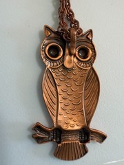 Vintage Solid Copper Owl Pendant Necklace Mid Century 1970s Nature Wildlife Boho
