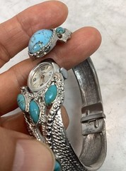 VTG Chateau Swiss Silver Tone Faux Turquoise Hidden Dial Bangle Bracelet Watch