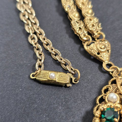 WEST GERMANY GREEN SLAG CABOCHON FILIGREE PENDANT NECKLACE EARRINGS SET VINTAGE