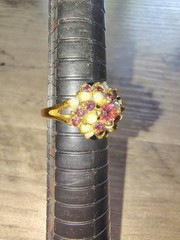 Vintage 18K GE Simulated Opal & Amethyst Floral Cluster Ring Size 8 Gold Tone