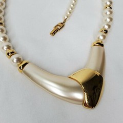 Vintage Napier Necklace Faux Pearl Gold Beads Accents Statement Art Deco Signed